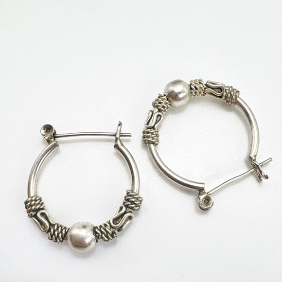 VTG Sterling Silver 925 Bead & Rope Design Hoop Earrings Size 1" Length - Picture 4 of 9